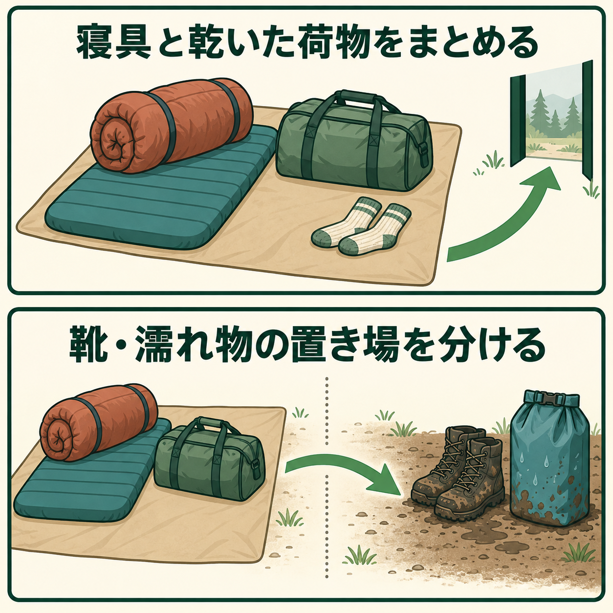 寝具と乾いた荷物を一つの床にまとめる場合と、靴や濡れ物の置き場を分ける場合を対比した図