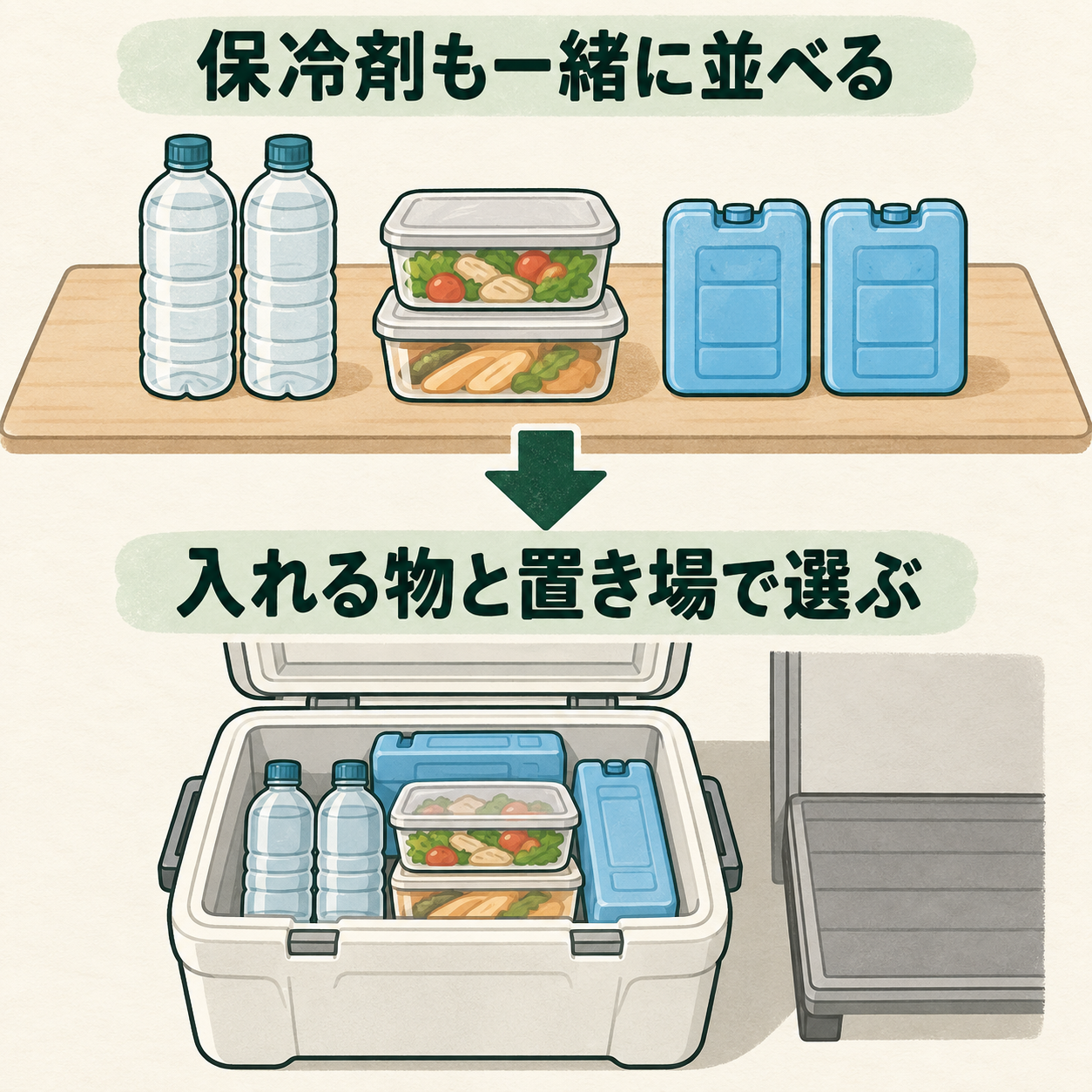 飲料・食品と保冷剤を一緒に並べ、クーラー内の収納と外側の置き場を順に考える説明図