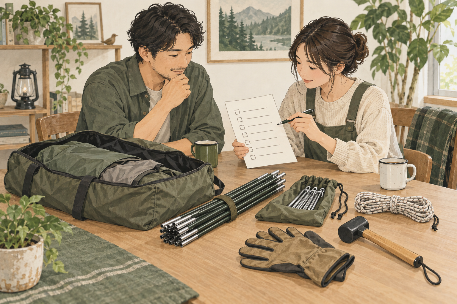 2人で手持ちのテント部材とチェック票を照合する場面