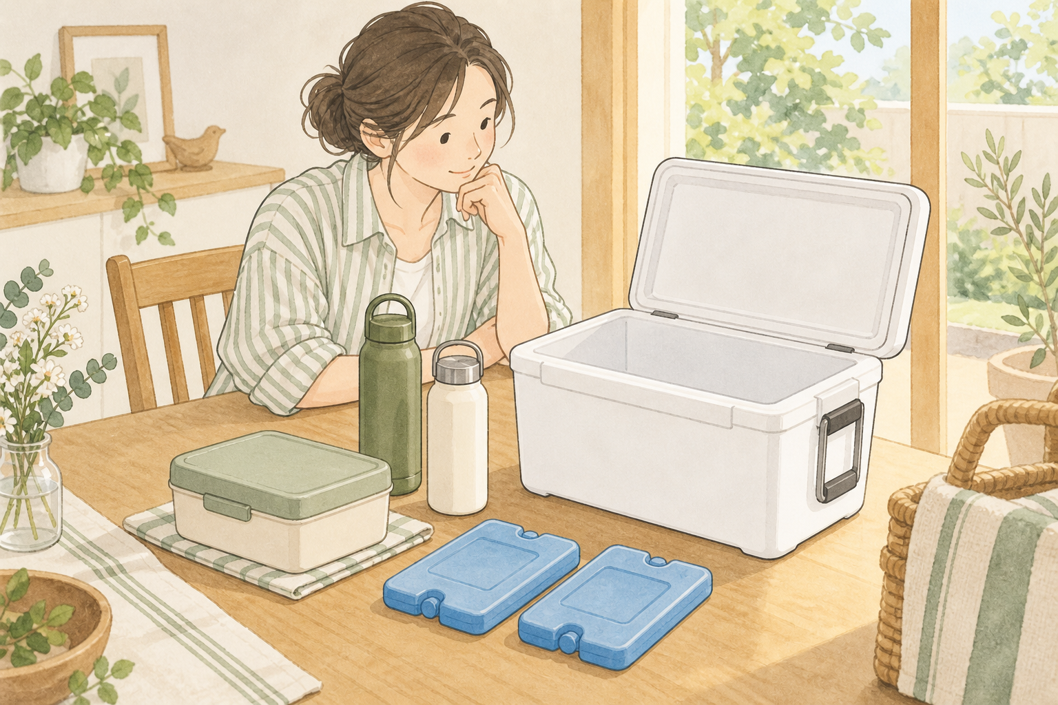 容器と飲料を並べ、保冷剤の場所も先に決める。〈AIイラスト〉