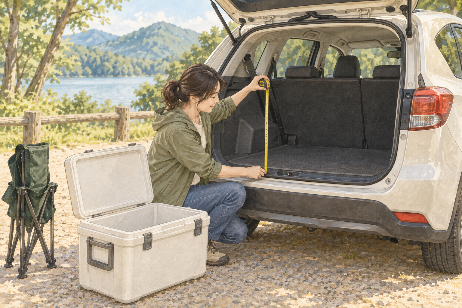 荷室を測り、蓋と取手を動かす空間も残す。車種への適合を示す図ではありません。〈AIイラスト〉