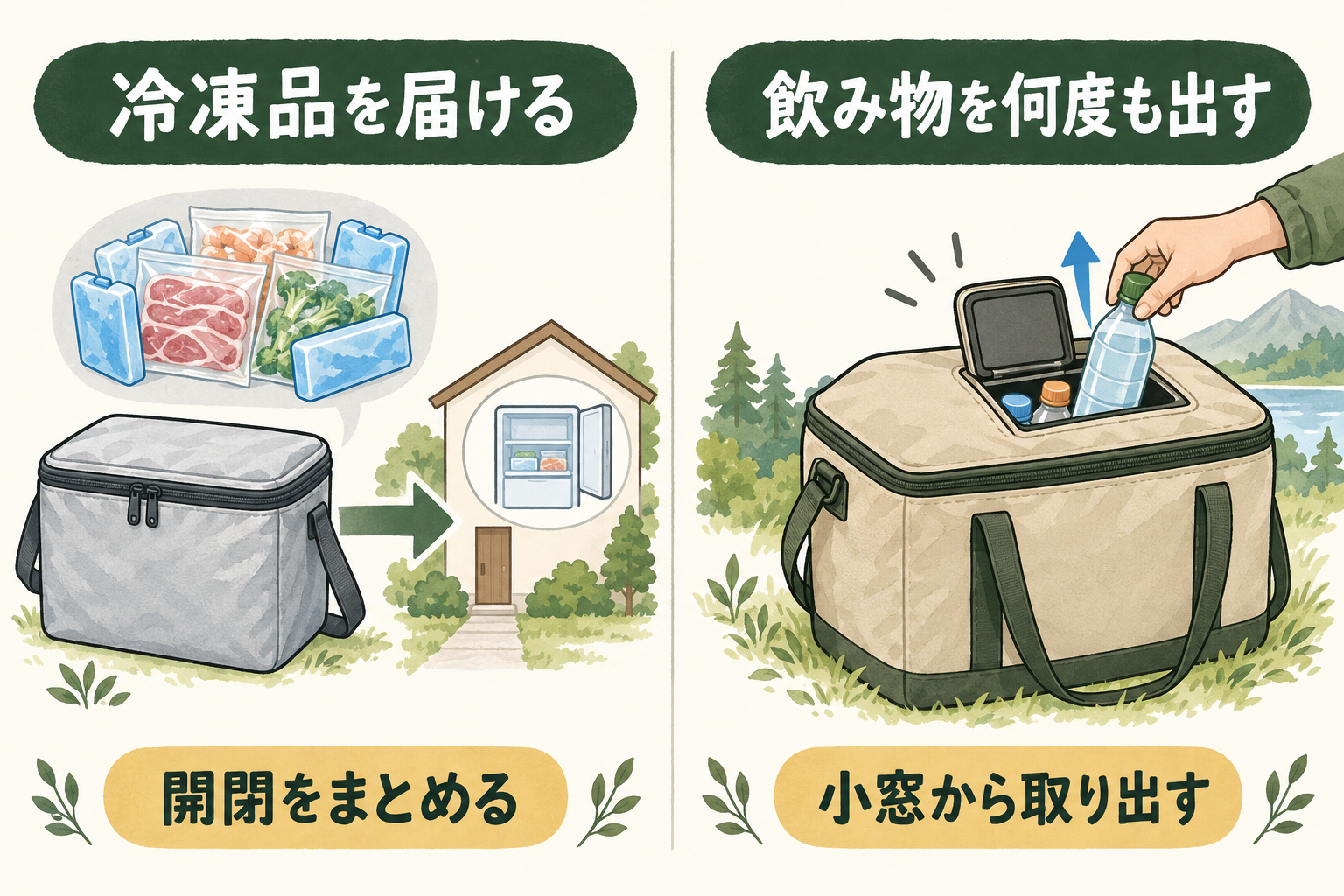 左は閉じた銀色クーラーから届け先の冷凍庫へ矢印、右はメインのフタを閉じたまま小窓から飲料を上へ取り出す矢印。運搬中心と頻回の取り出しを対比。