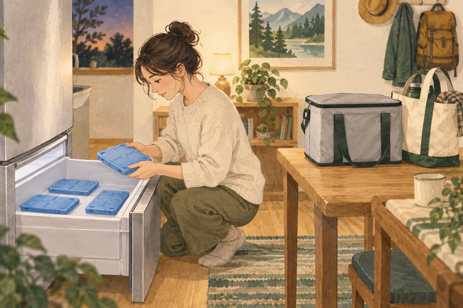 出発日から逆算し、保冷剤を凍らせる場所を空けておく。〈AIイラスト〉