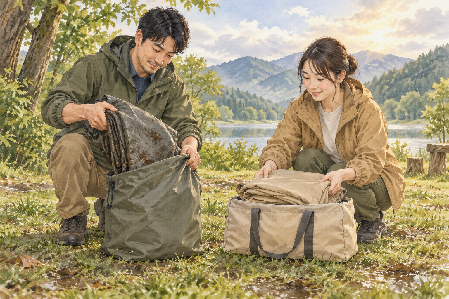 床用の袋を別に用意して、外幕と分けて運ぶ準備。〈AIイラスト〉