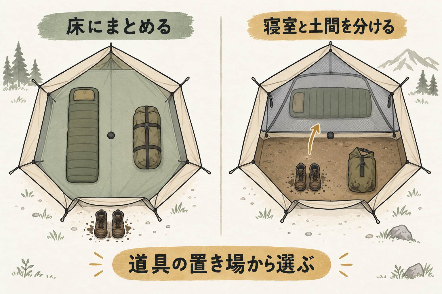 左は床の上に寝具と乾いた荷物、右は囲われた寝室の外へ靴と濡れ物を分離する配置。