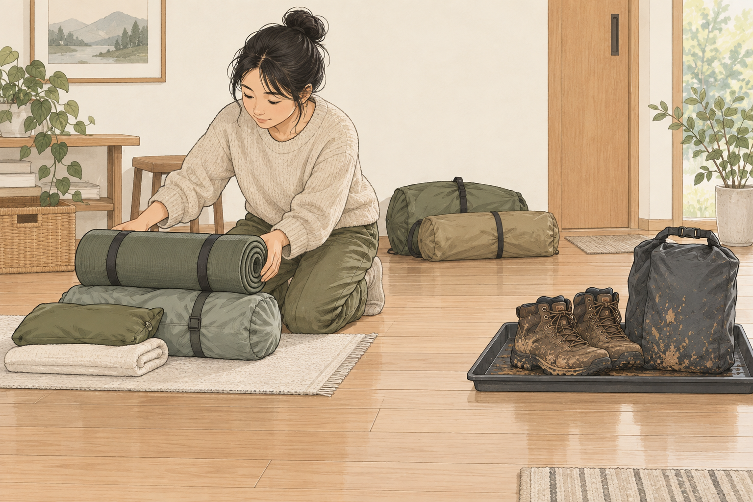 自宅で寝具と乾いた荷物、靴・濡れ物を分けて考える場面の概念画。