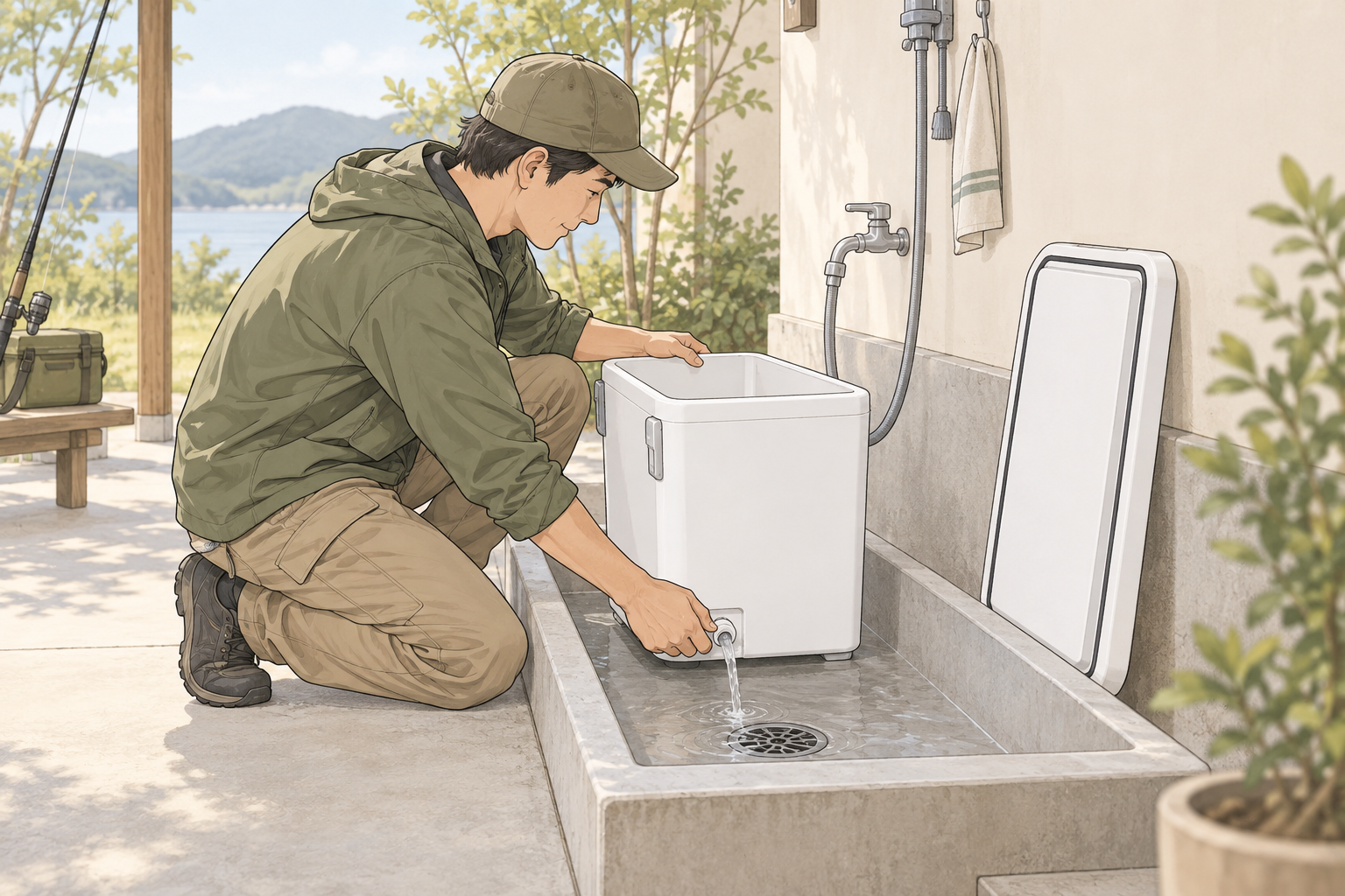 NF-117Zの排水を考えるための場面画。水栓の正確な位置・形状を再現する図ではありません。