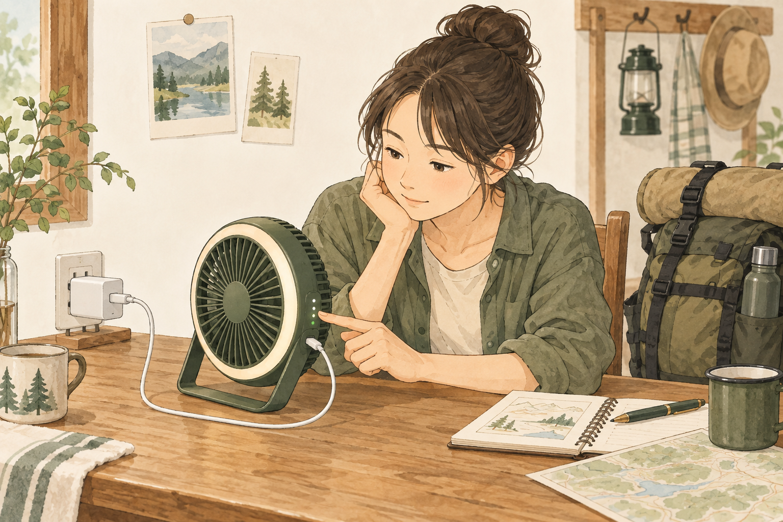 出発前に残量を確認。別体ならランタンの充電も忘れずに。〈AIイラスト〉