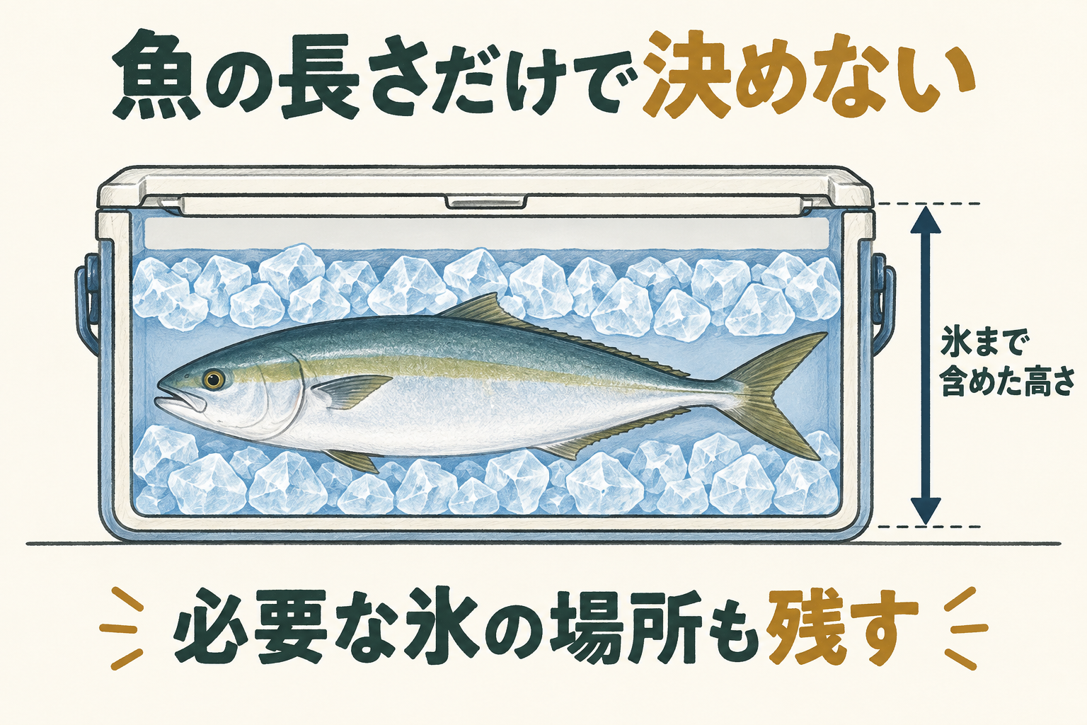 AIによる概念図・イラスト：横長の庫内を断面で示し、魚の上と下の氷を含めた高さを縦の矢印で示す。横幅の順位を描かない。