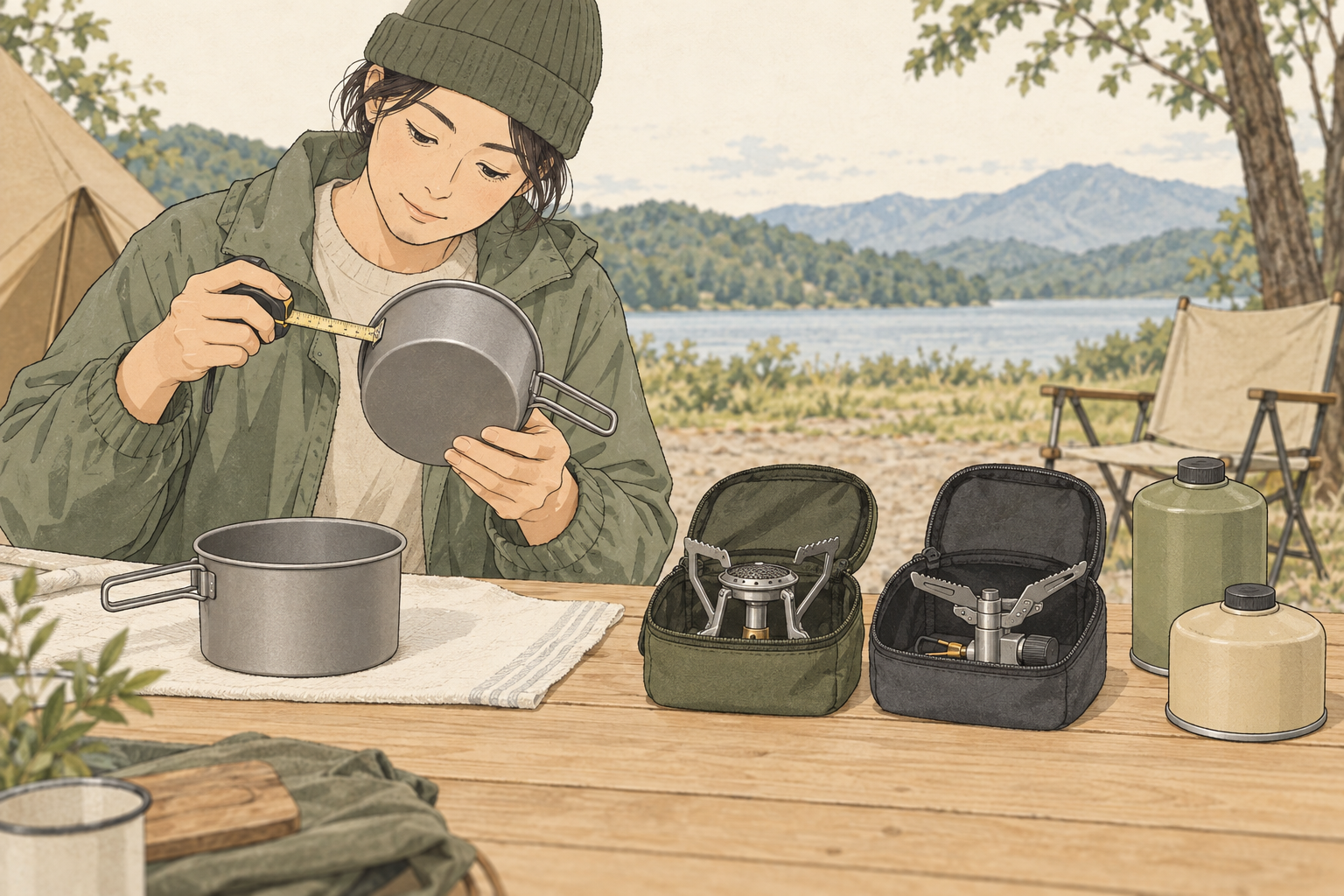鍋底と外側の張り出しを購入前に確かめる場面。