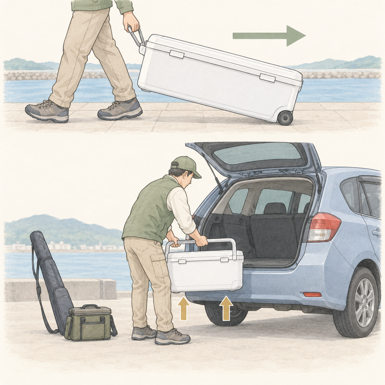 上は車輪で路面を移動する動作、下は両手で箱を車の荷室へ持ち上げる動作