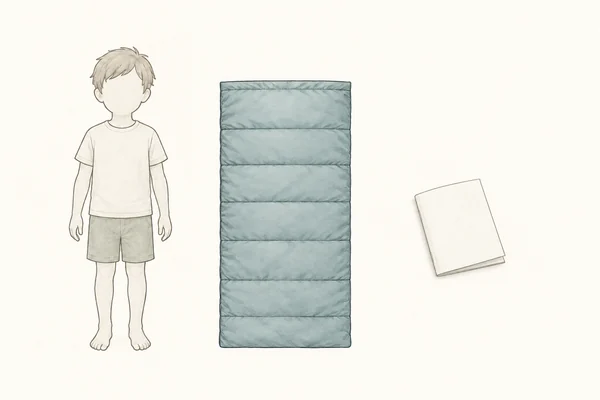 子どもの輪郭と寝袋・サイズ案内を別に確認する模式図