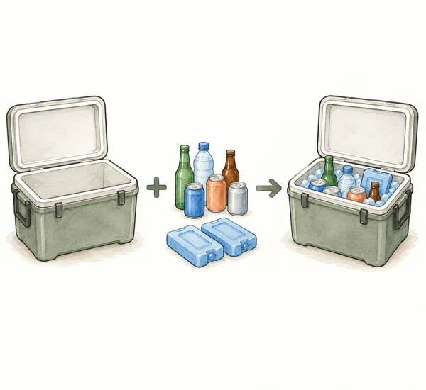 クーラー本体と飲料や保冷剤を足して、満載時の荷物として考える模式図