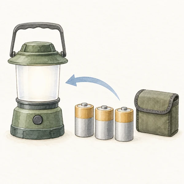 乾電池式ランタンと交換用の同じ規格の電池を準備する模式図