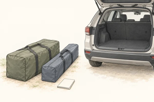 太さの異なる本体用・フレーム用の閉じた収納袋と離した空の荷室の模式図