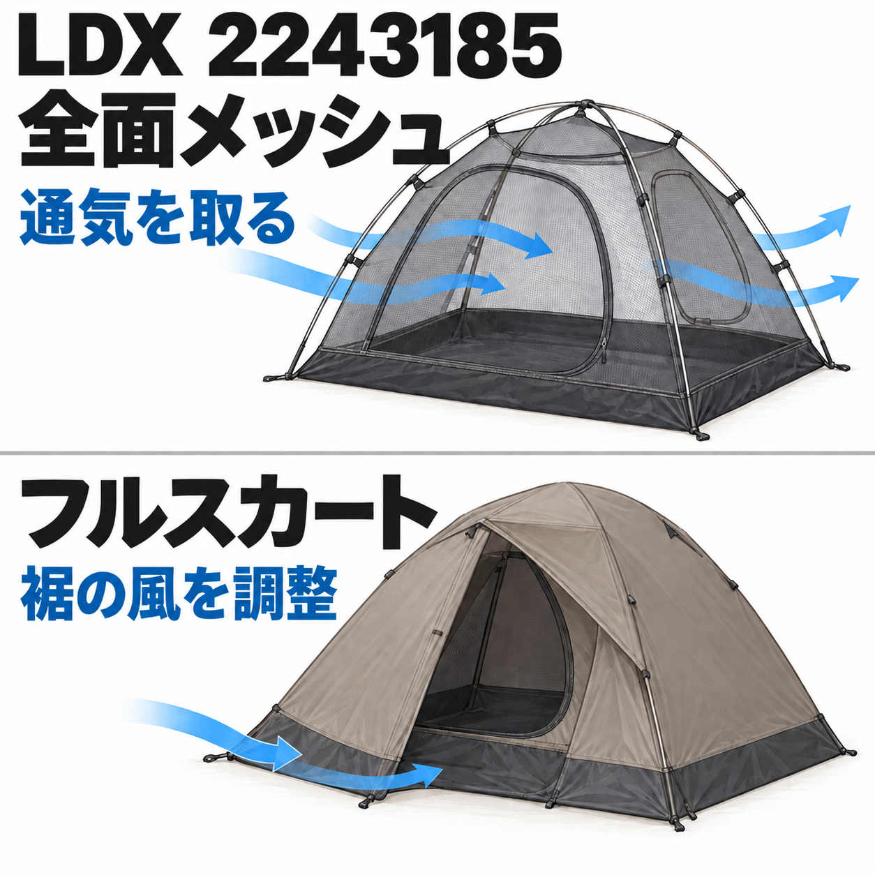 LDX2243185の全面メッシュインナーとフルスカートの役割を分けた概念図