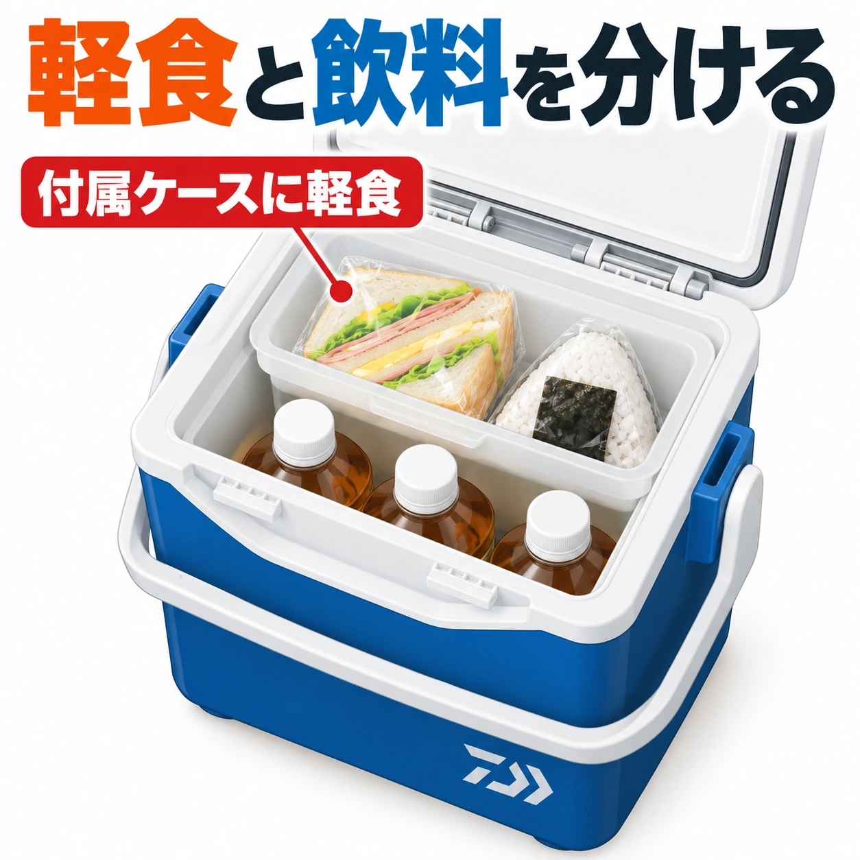 ミニクールII S850の付属ケースに軽食を置き、飲料と分けて収納した状態。