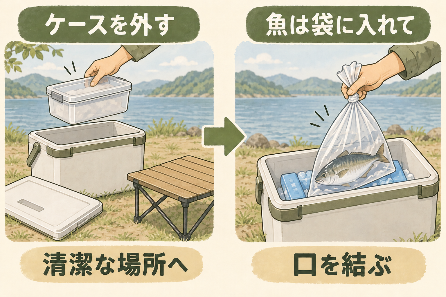 ケースを清潔な場所へ外し、袋の口を結んだ魚を上から入れる。AIによる動作の概念図で、実物の取付形状や縮尺は表していません。