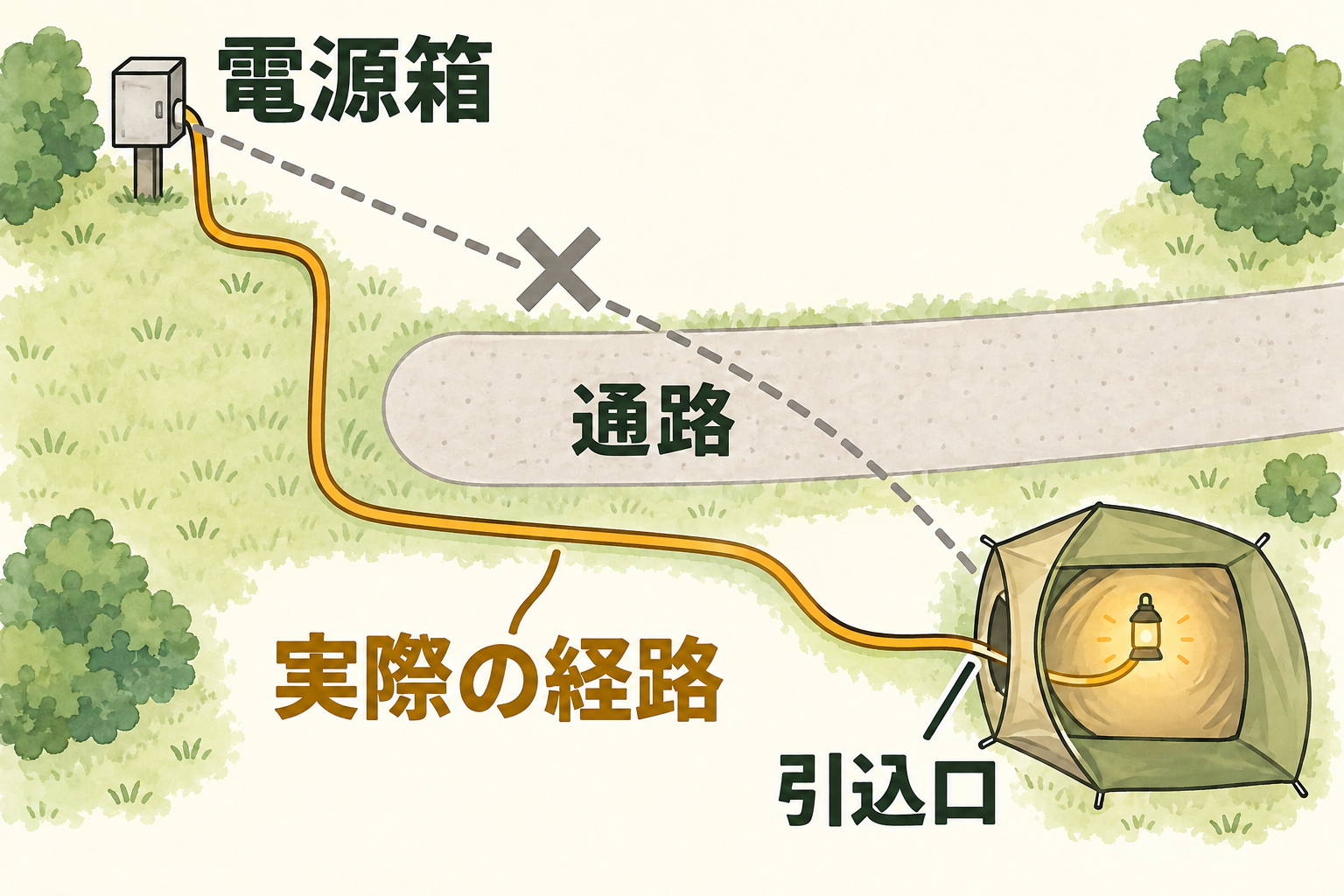 AIによる概念図・イラスト：直線の点線と通路の端を回る実配線を対比する