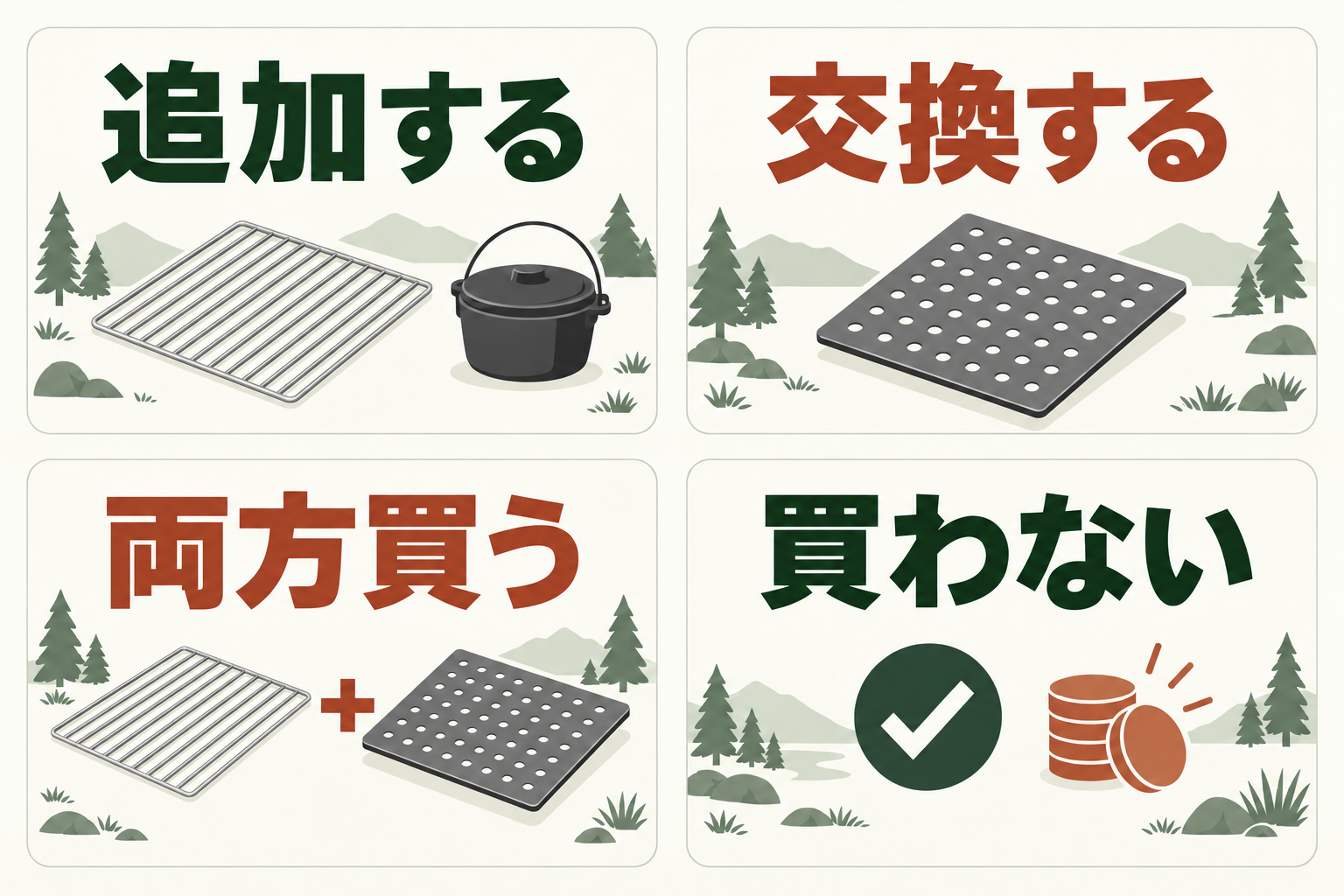 追加・交換・両方・買わない。炉と脚が健全なときの、編集による購入分岐です。〈AIによる選択図〉