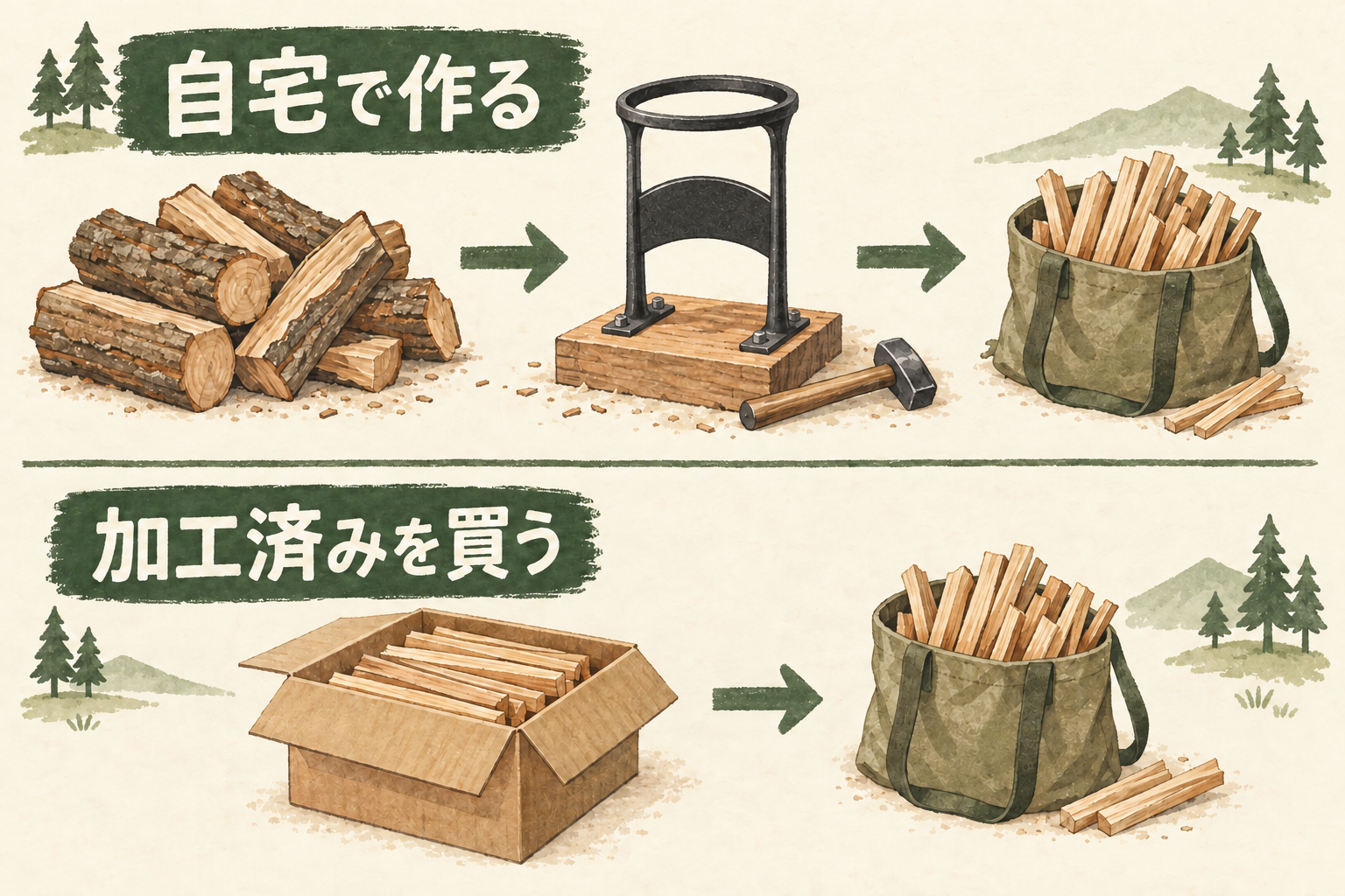 AIによる概念図・イラスト：上段の薪・加工道具・持参袋と、下段の加工済み箱・持参袋の工程差
