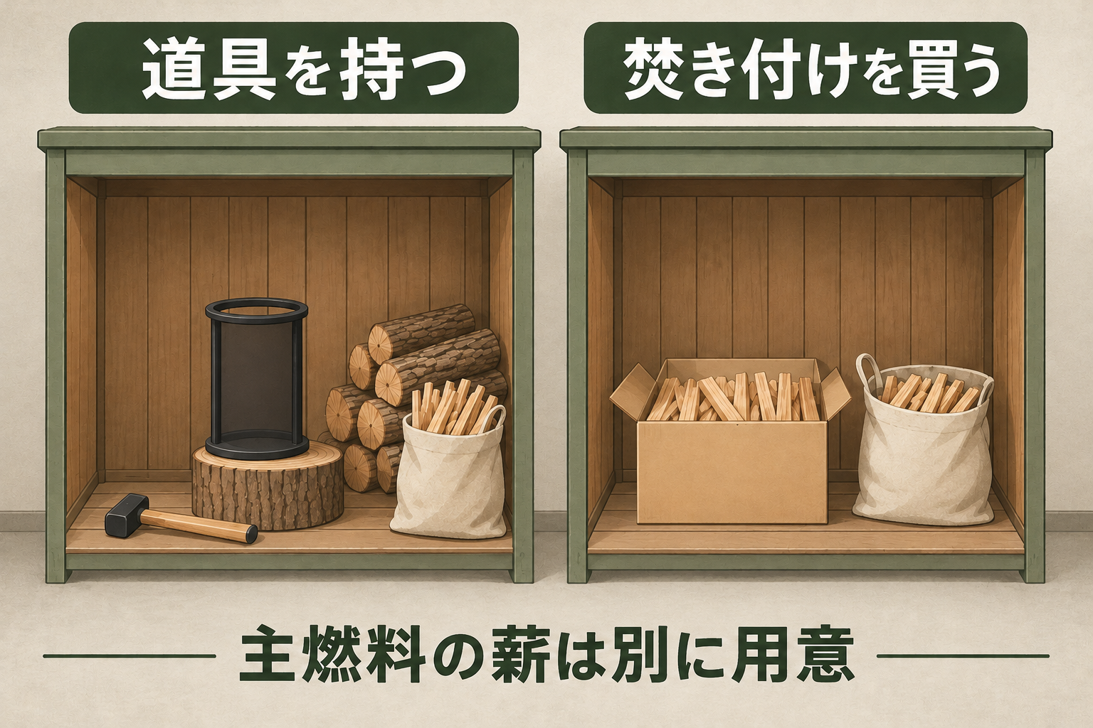 自作は道具と材料薪まで残す。購入でも焚き付けは保管する。屋内で持ち続ける物の違いを示す概念図で、棚の必要寸法は示していません。