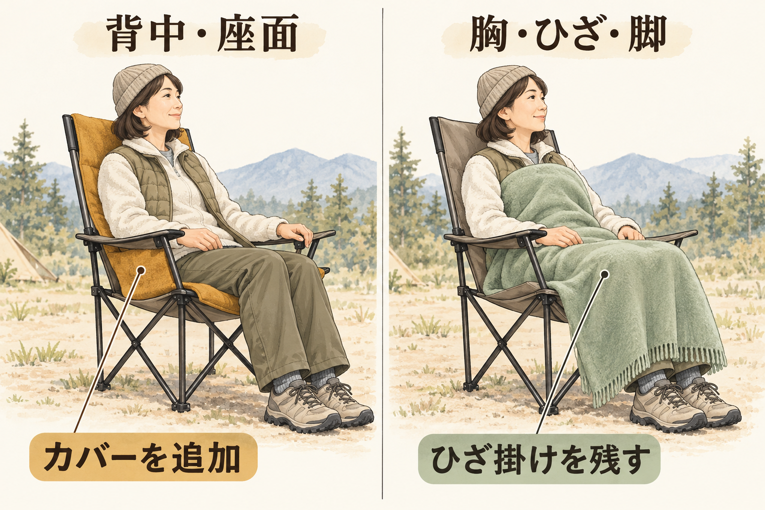 AIによる概念図・イラスト：同じ着座姿勢の左右で、背中座面の布と身体前面の布を対比