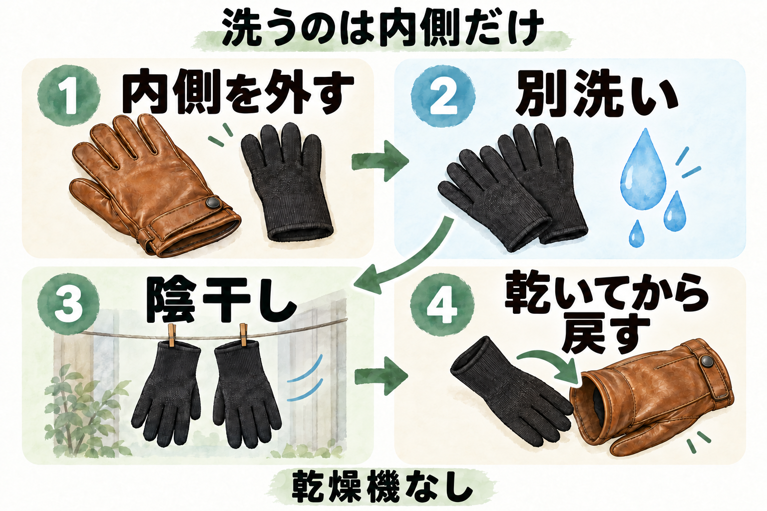 洗濯対象と復帰の順序を示す概念図です。革の外側は洗濯対象にせず、内側が乾くまでは単体で代用しません。