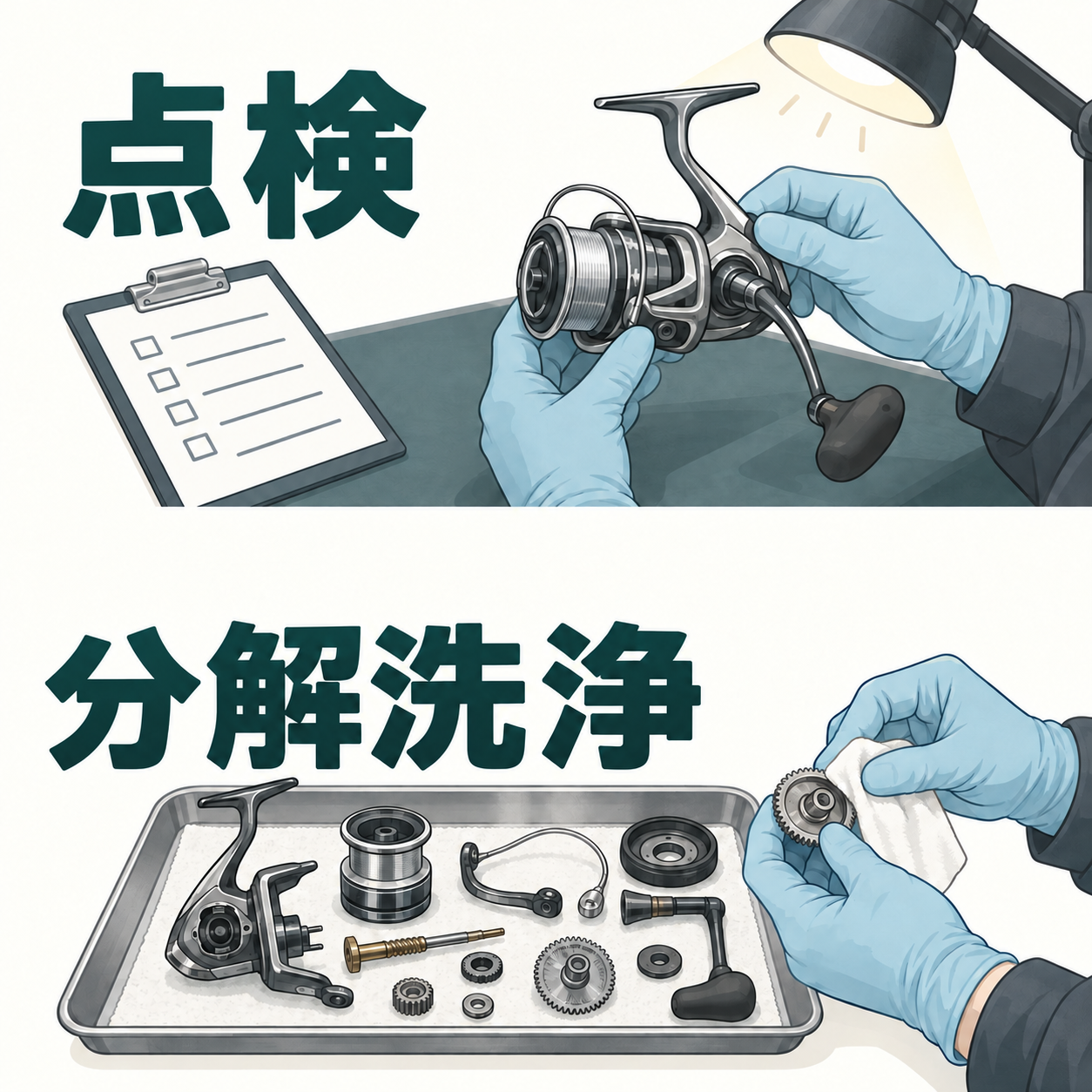 技術者による点検と、部品を分けた洗浄の作業範囲を上下に並べた概念図