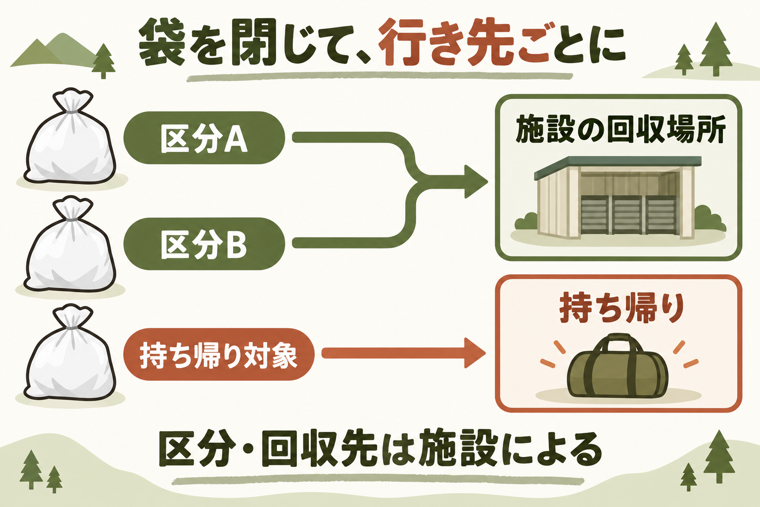 閉じた袋と搬出先を結ぶ仮の施設例です。回収のない施設では、すべて持ち帰ります。灰・炭・ガス缶などは各施設の別案内に従ってください。