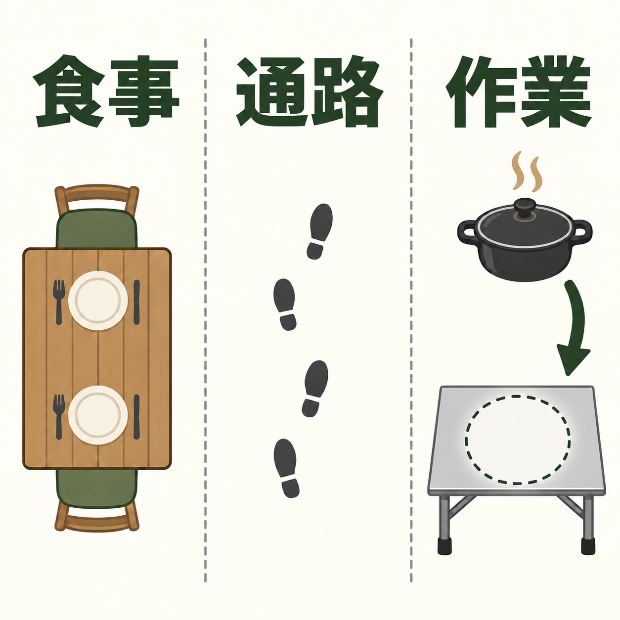 食事側/人の通路/作業側を三つに分け、鍋矢印は作業側の中だけ