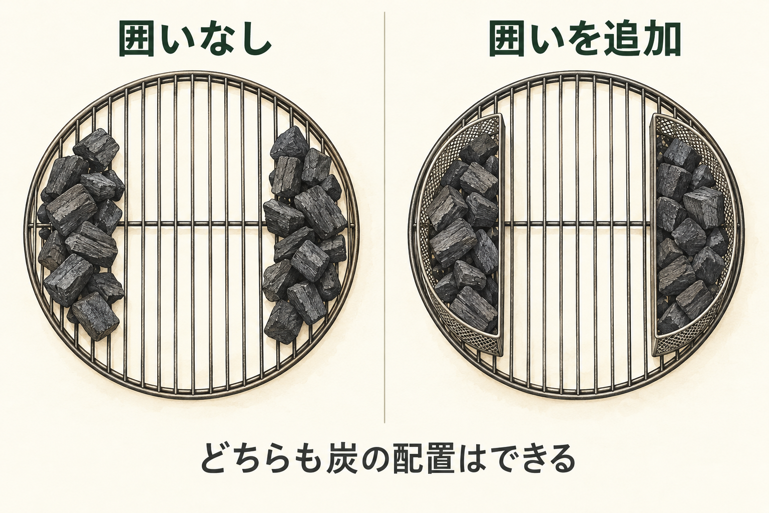 同じ炭用網の両側配置を、囲いなしと囲い追加で対比する